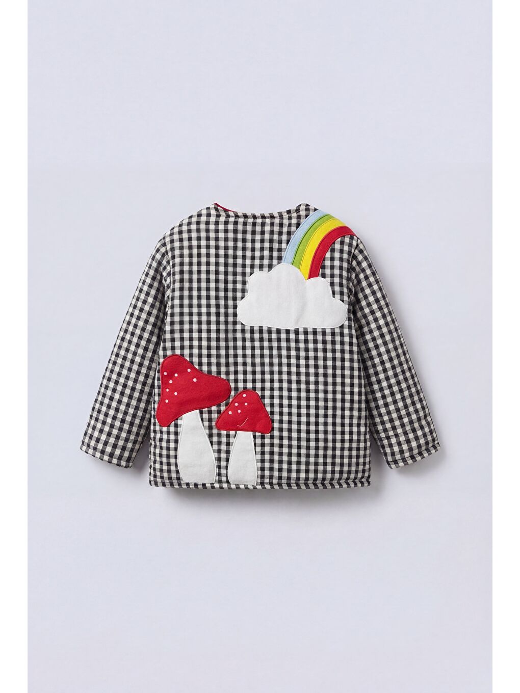 Gri Unisex Çocuk Pamuklu Siyah Beyaz Mantar Nakışlı Pötikare Ceket - Çıtçıt Detaylı-1