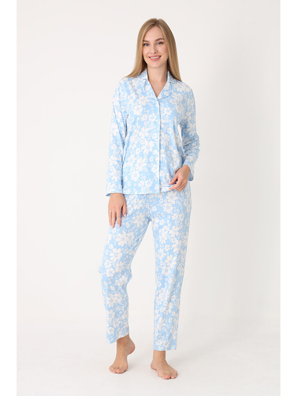 Mavi Flower Effect Önden Düğmeli Pijama Takımı-1