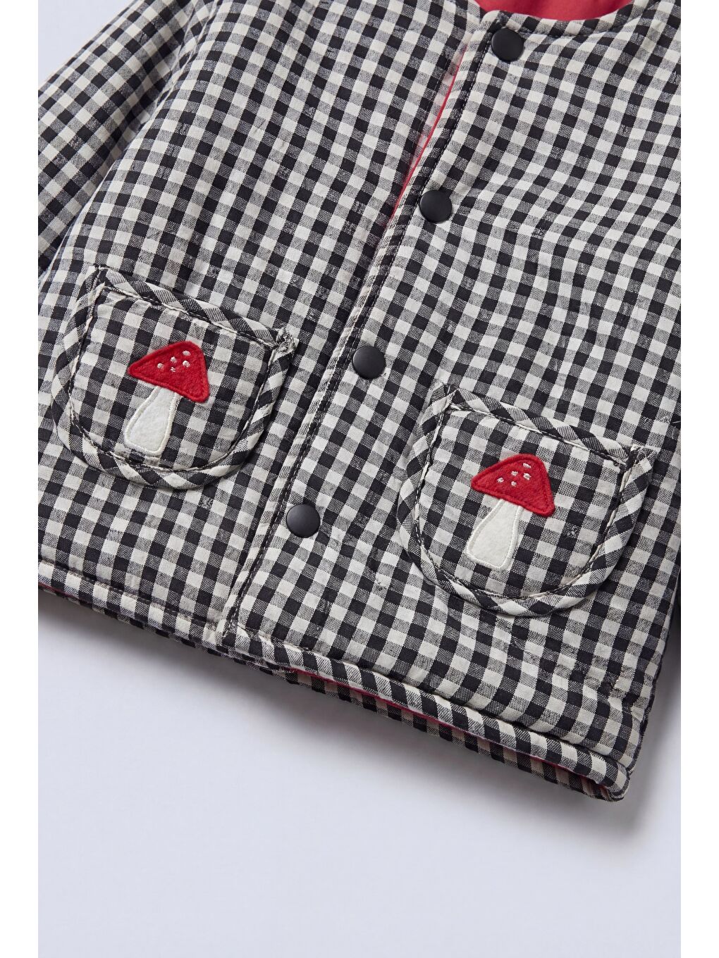 Gri Unisex Çocuk Pamuklu Siyah Beyaz Mantar Nakışlı Pötikare Ceket - Çıtçıt Detaylı-2