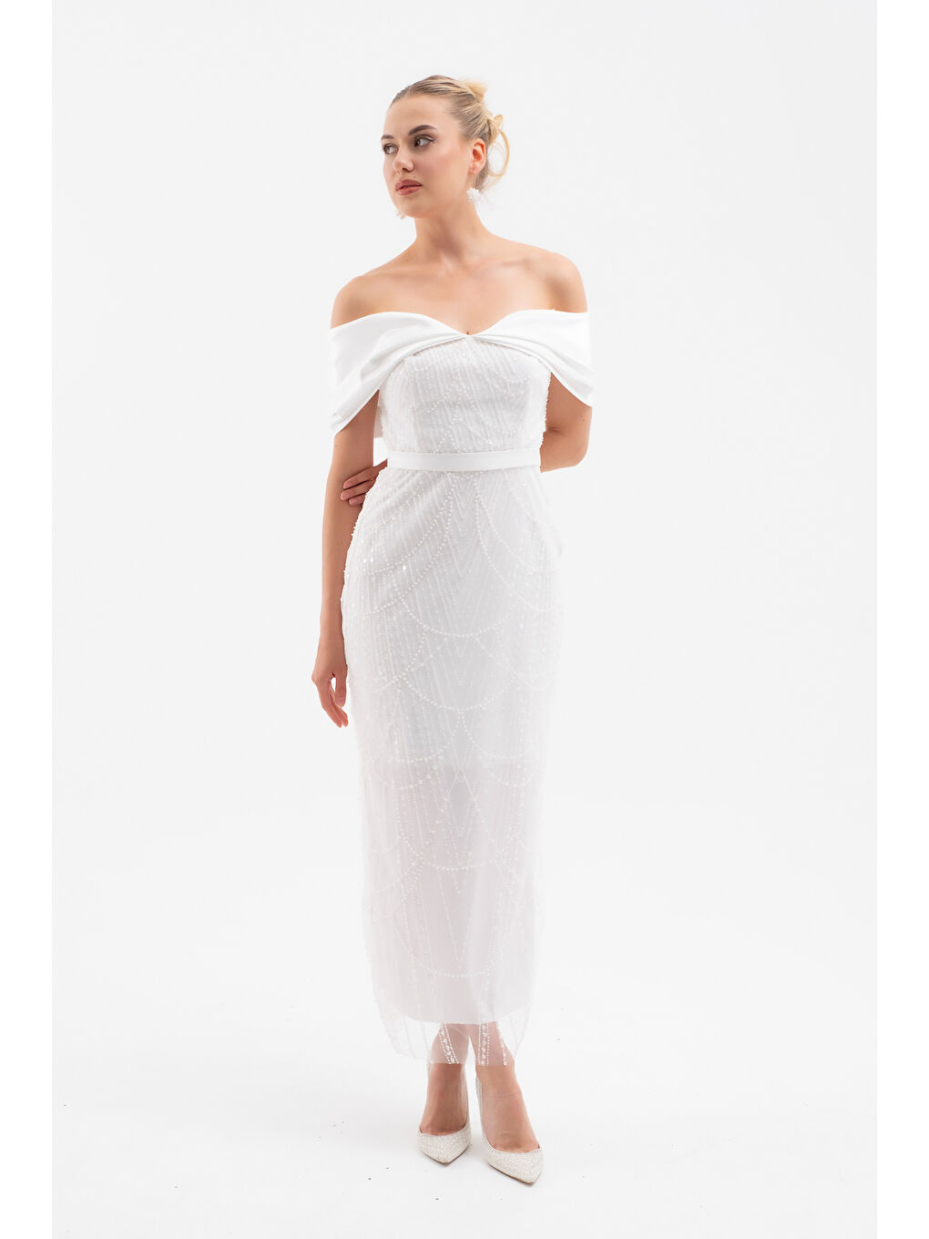 Kadın Beyaz Kayık Yaka Midi Boncuklu Abiye Elbise-1