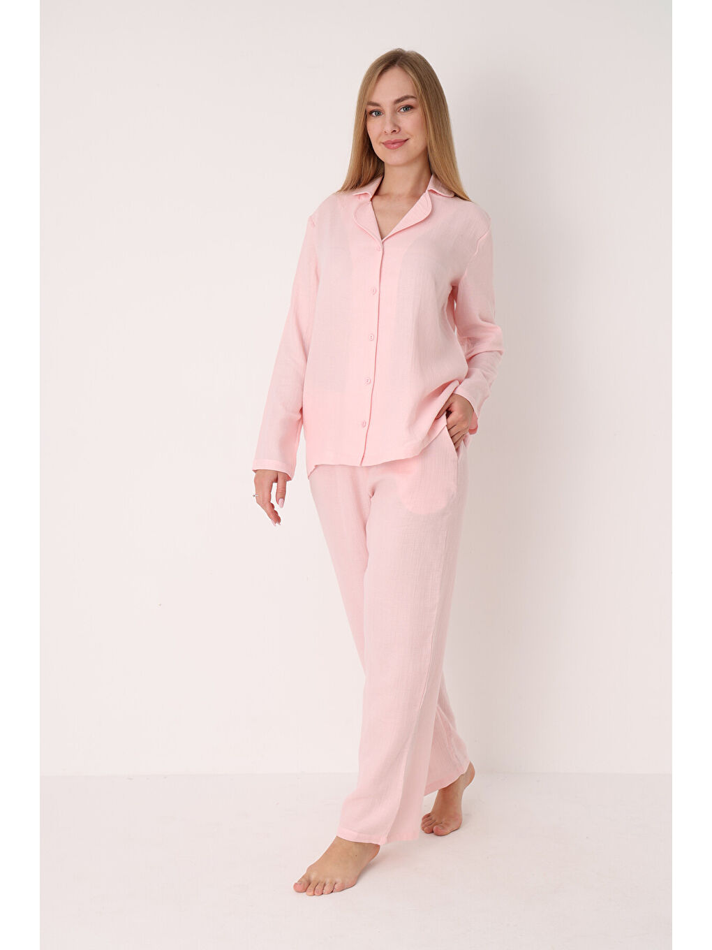 Pembe Straight Önden Düğmeli Pijama Takım-1