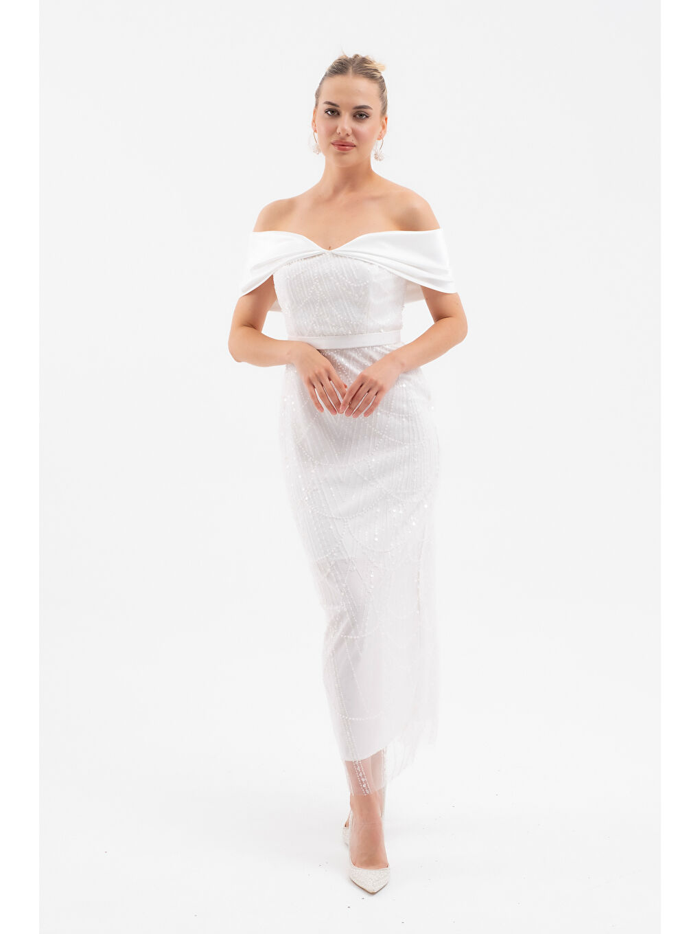 Kadın Beyaz Kayık Yaka Midi Boncuklu Abiye Elbise-2