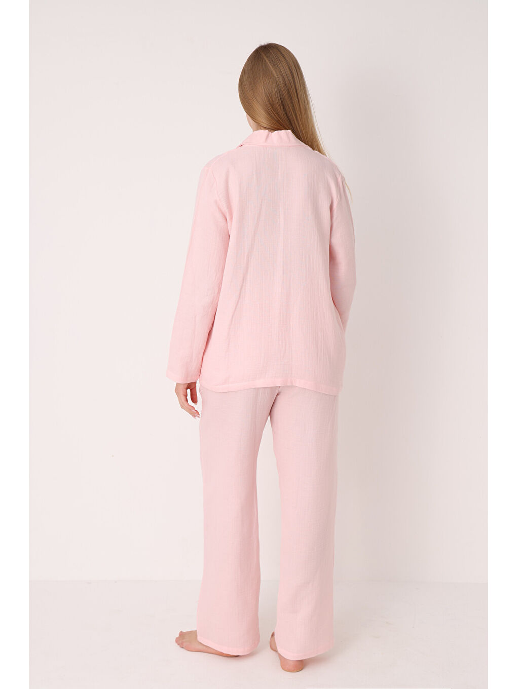 Pembe Straight Önden Düğmeli Pijama Takım-2