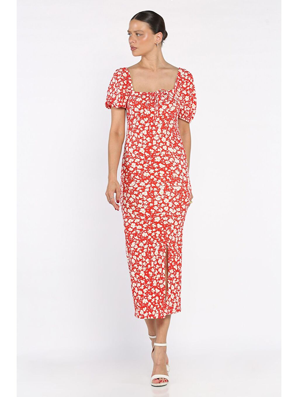 Kırmızı Yırtmaçlı Balon Kol Kadın Desenli Elbise-1