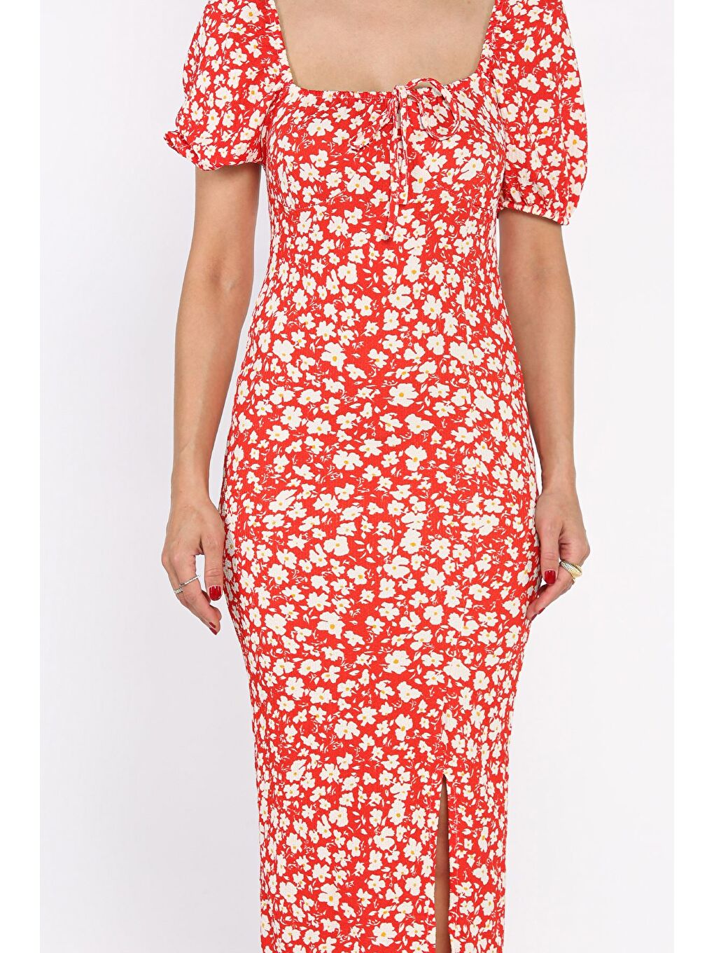 Kırmızı Yırtmaçlı Balon Kol Kadın Desenli Elbise-3