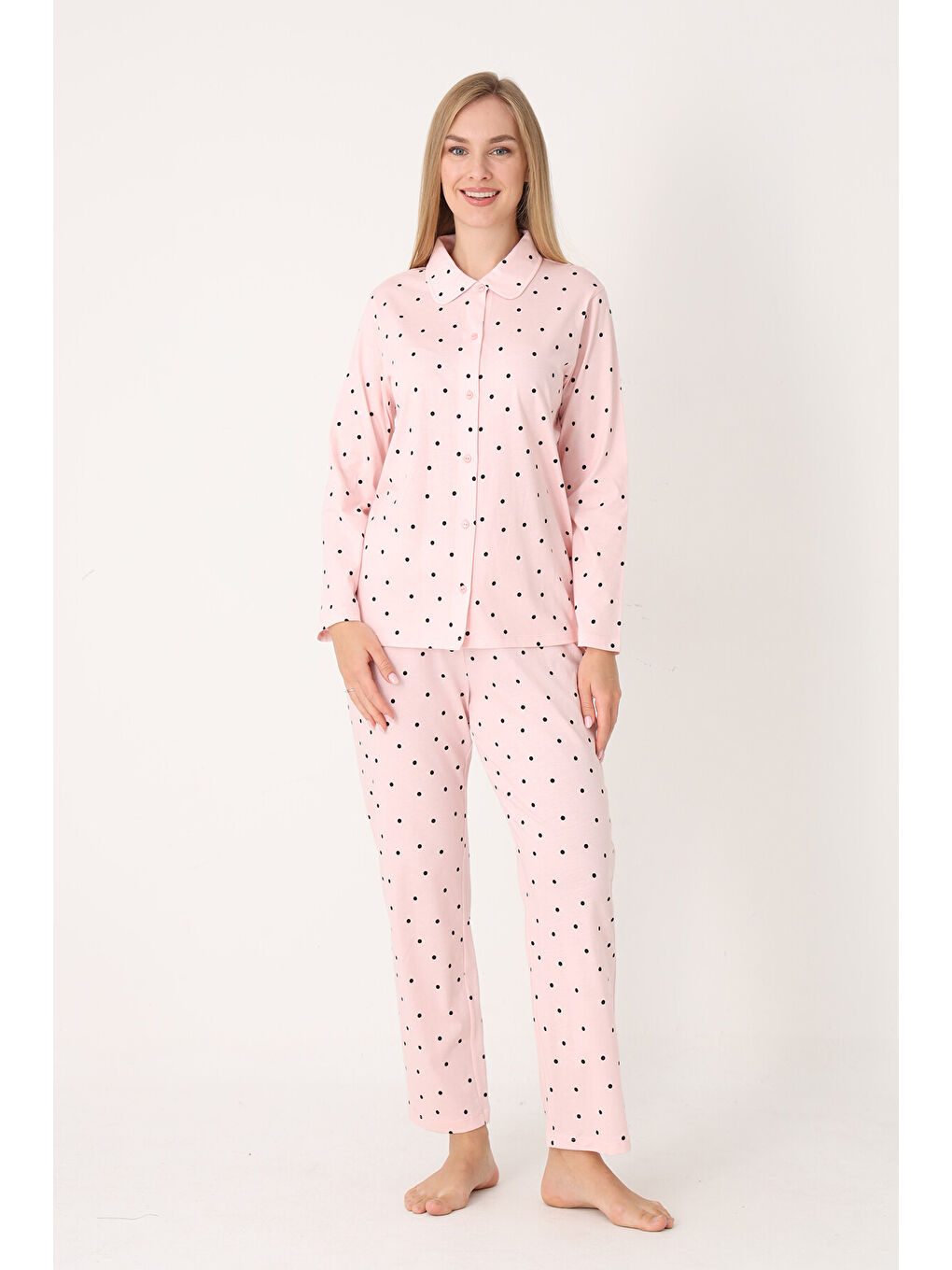 Pembe Somon Polka Dot Önden Düğmeli Pijama Takım-1