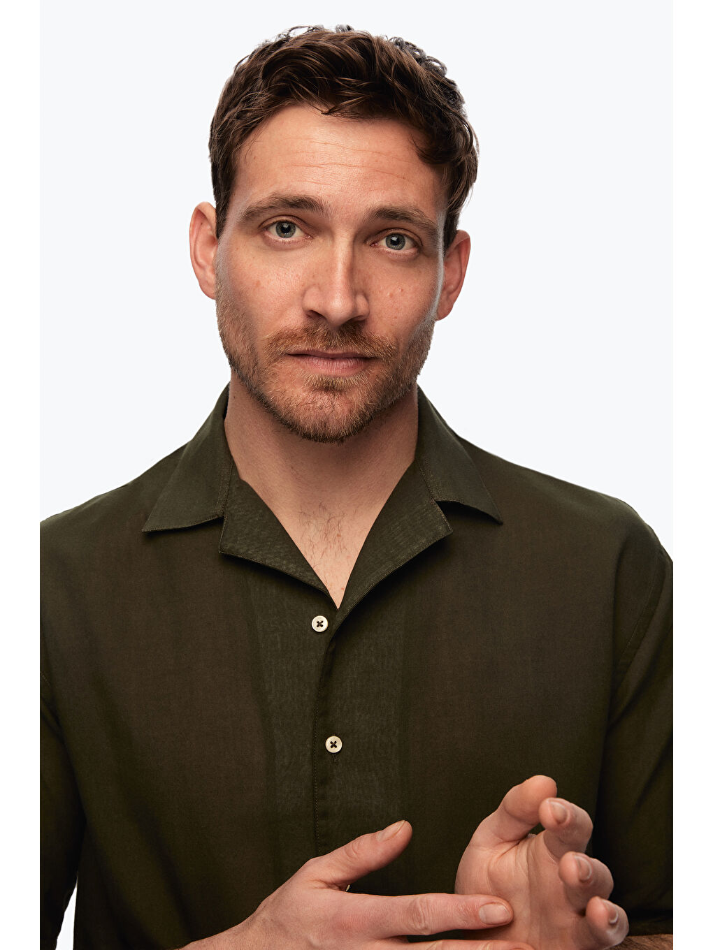 Ds Damat Relaxed Haki Düz Pamuklu Keten Görünümlü İzci Yaka Yazlık Gömlek-1