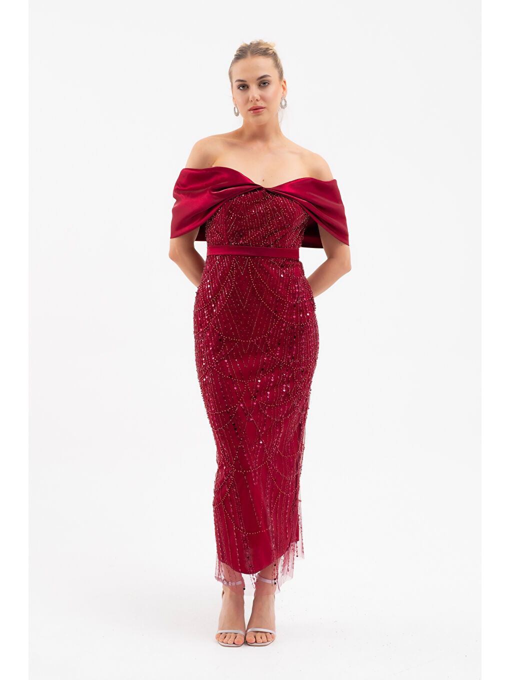 Kadın Bordo Kayık Yaka Midi Boncuklu Abiye Elbise-1