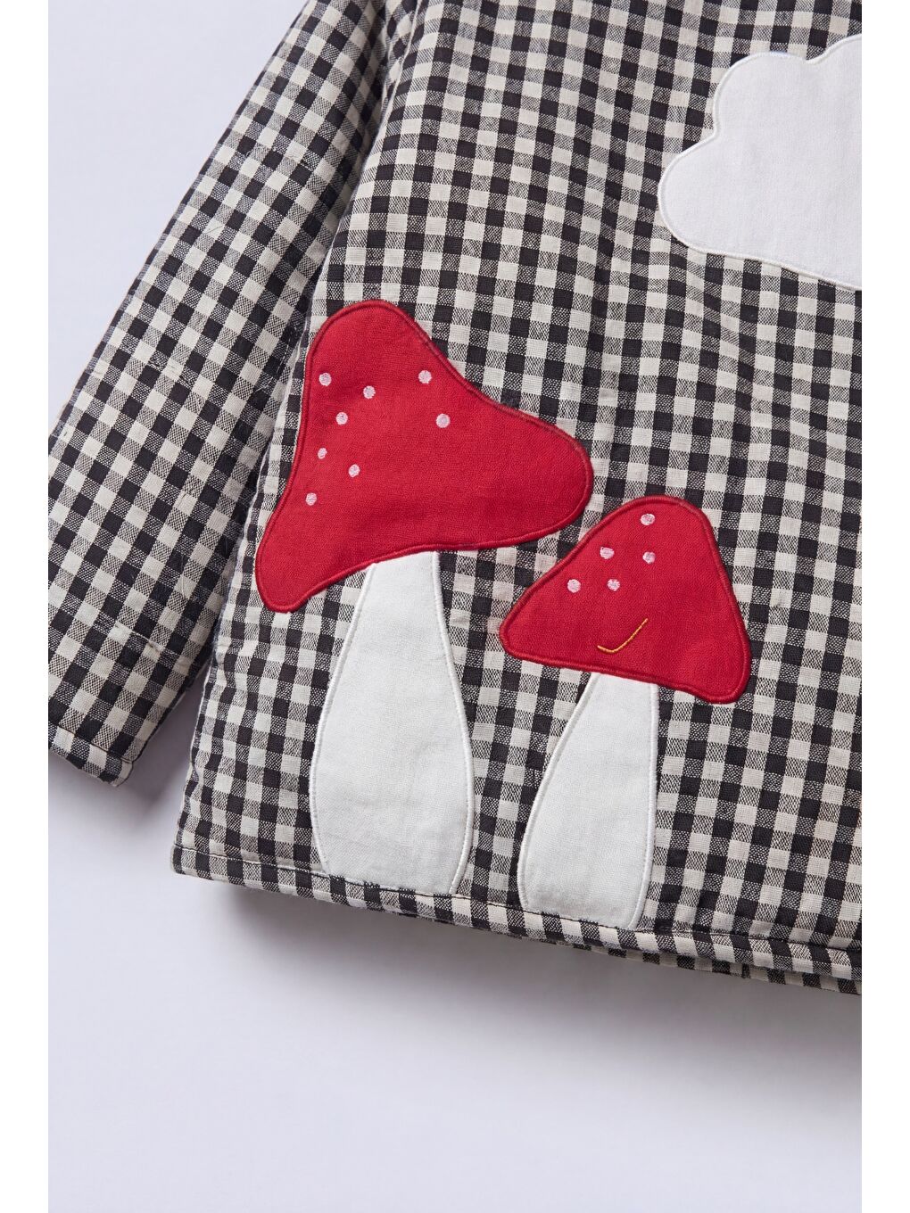 Gri Unisex Çocuk Pamuklu Siyah Beyaz Mantar Nakışlı Pötikare Ceket - Çıtçıt Detaylı-4