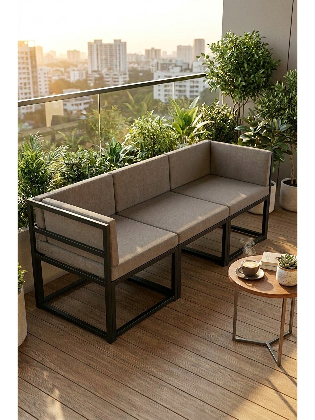 Kahverengi Brio 3'lü Bahçe Balkon Koltuk Takımı | Keten Dokuma, Metal Karkas | Kahve-5