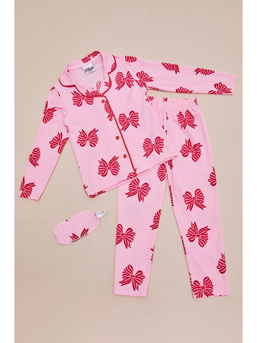Pembe Kurdeleli Uyku Bantlı Kız Çocuk 3 Lü Pijama Takımı
