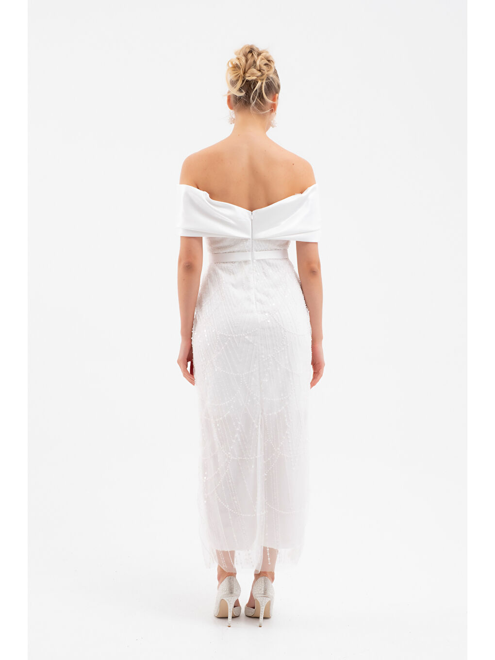 Kadın Beyaz Kayık Yaka Midi Boncuklu Abiye Elbise-5