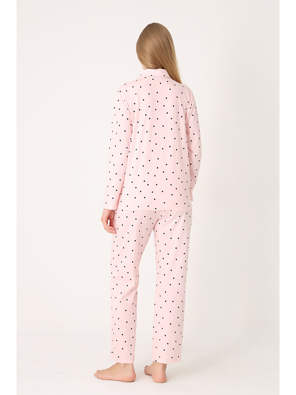Pembe Somon Polka Dot Önden Düğmeli Pijama Takım-2