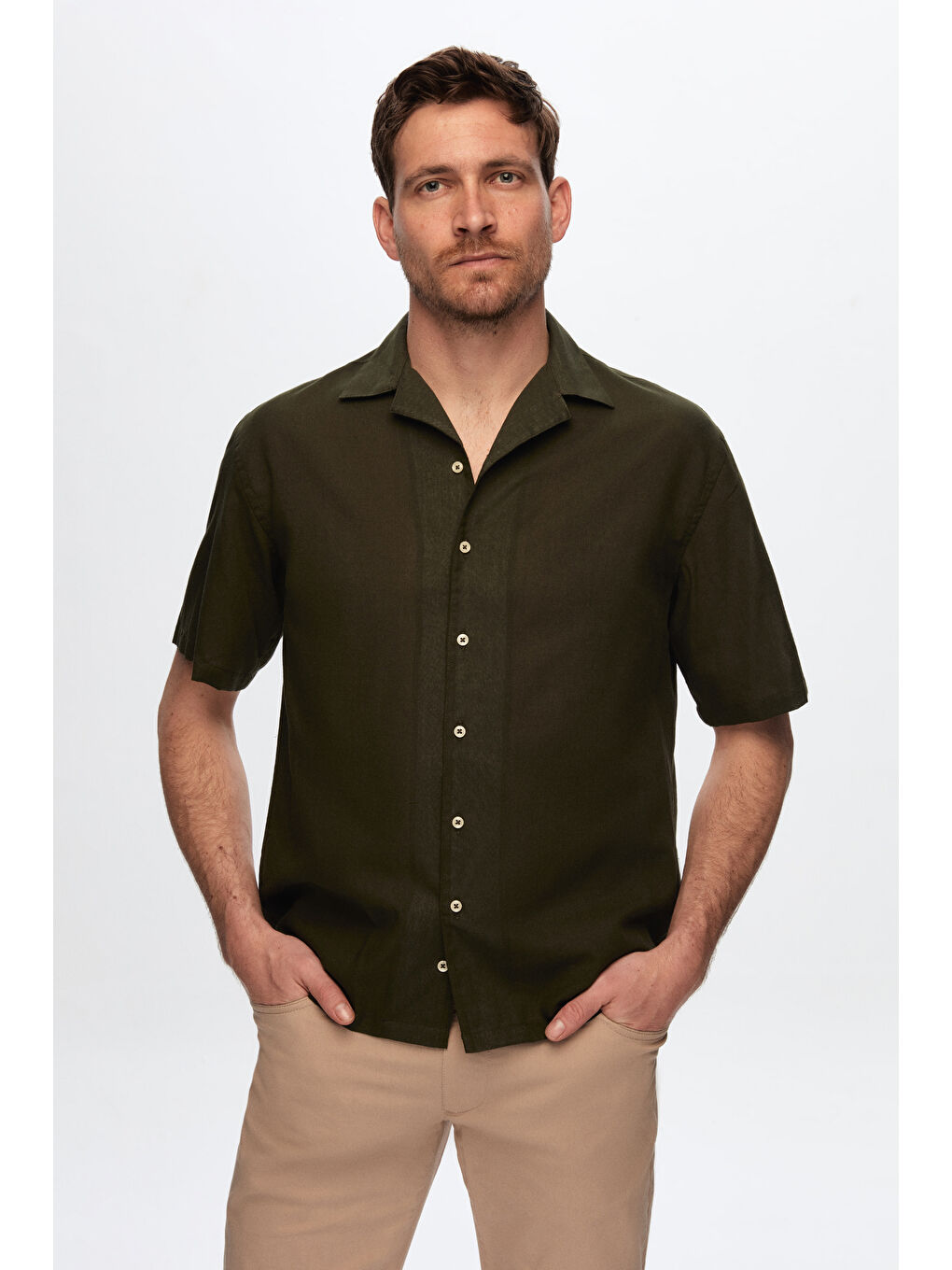 Ds Damat Relaxed Haki Düz Pamuklu Keten Görünümlü İzci Yaka Yazlık Gömlek-2