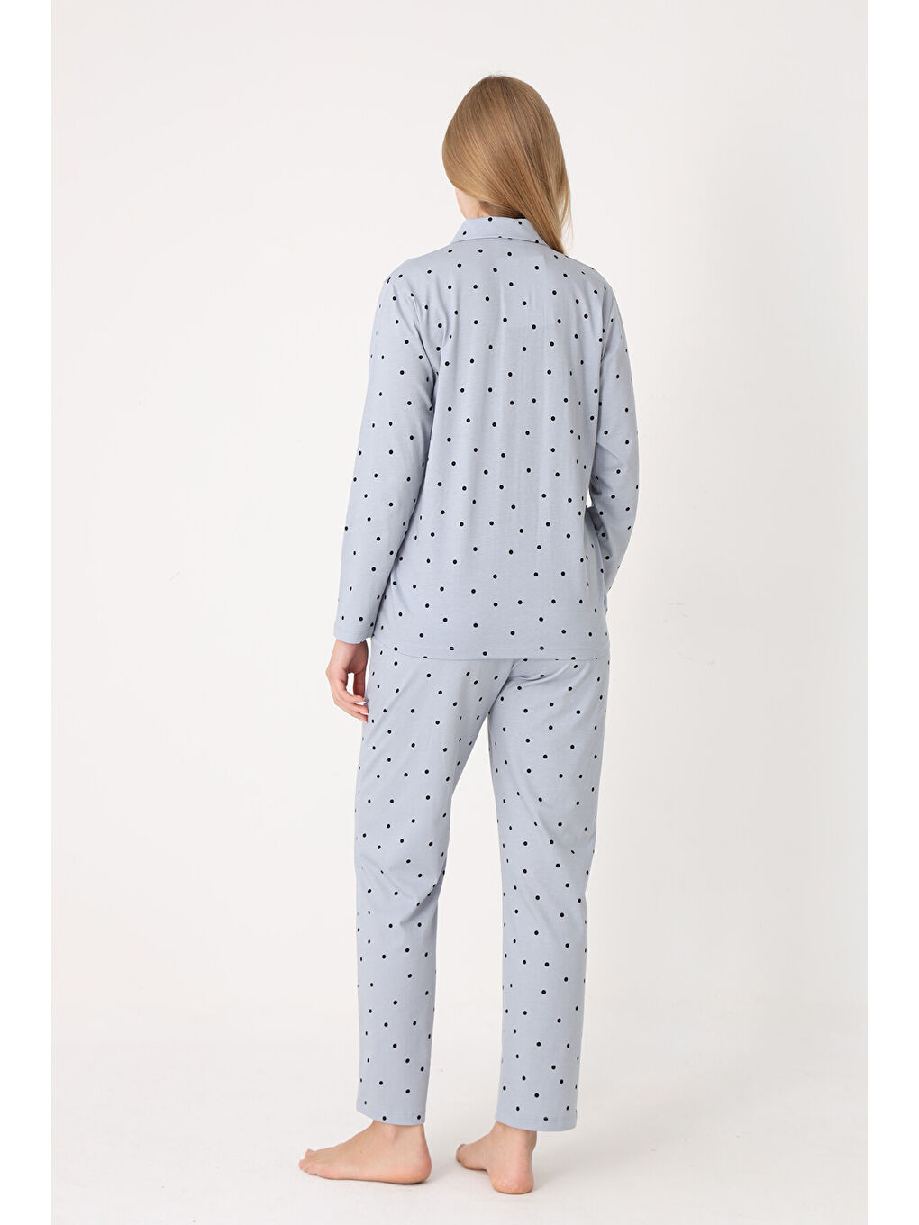 Gri Polka Dot Önden Düğmeli Pijama Takım-1