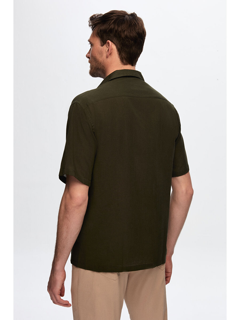 Ds Damat Relaxed Haki Düz Pamuklu Keten Görünümlü İzci Yaka Yazlık Gömlek-3