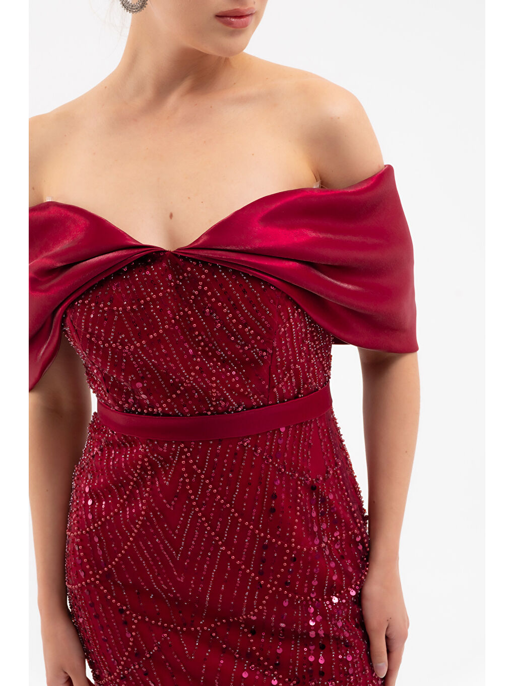 Kadın Bordo Kayık Yaka Midi Boncuklu Abiye Elbise-3