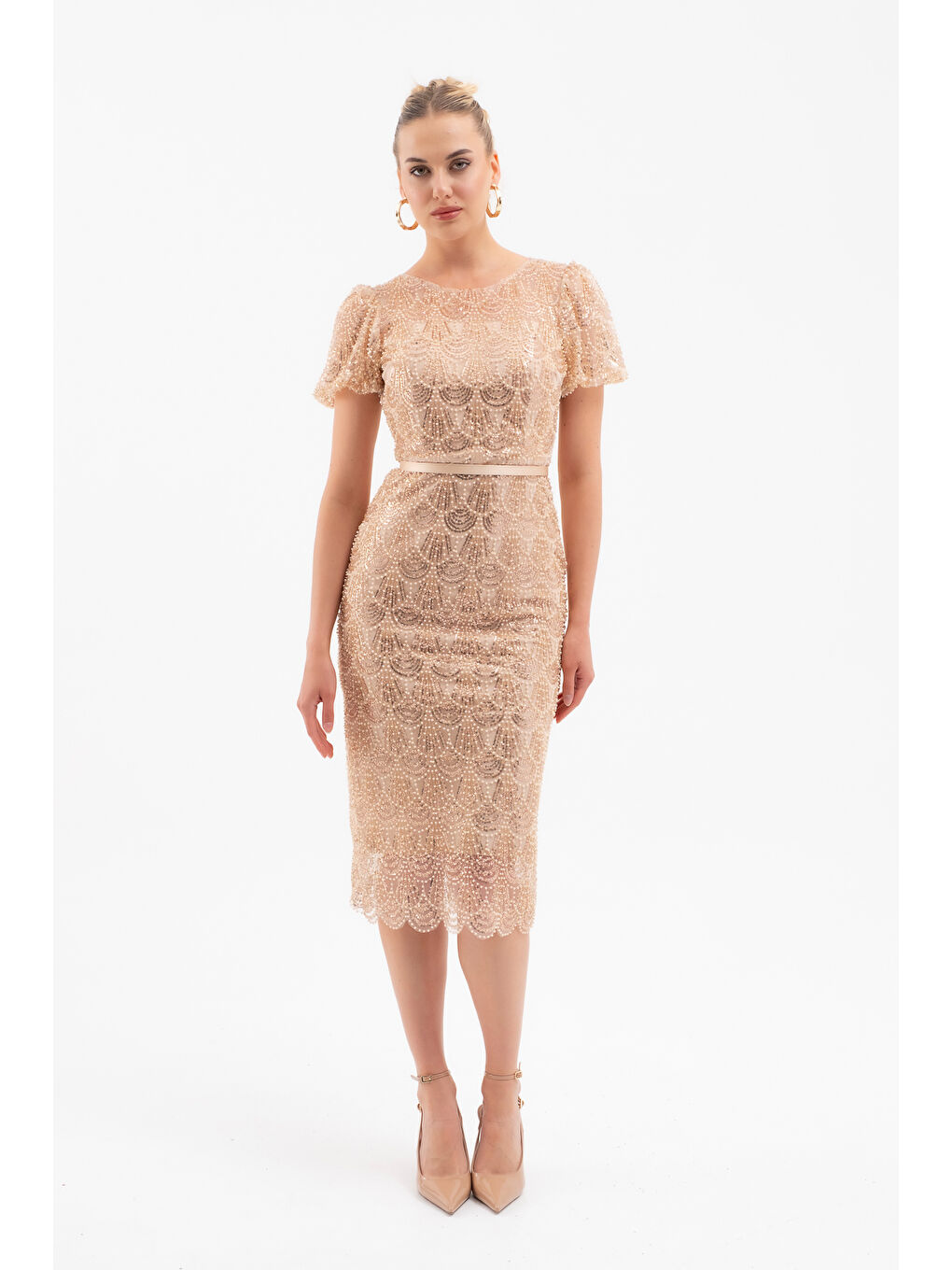 Kadın Bej Boncuklu Midi Abiye Elbise-1