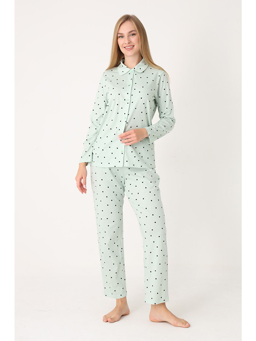 Yeşil Polka Dot Önden Düğmeli Pijama Takım-1