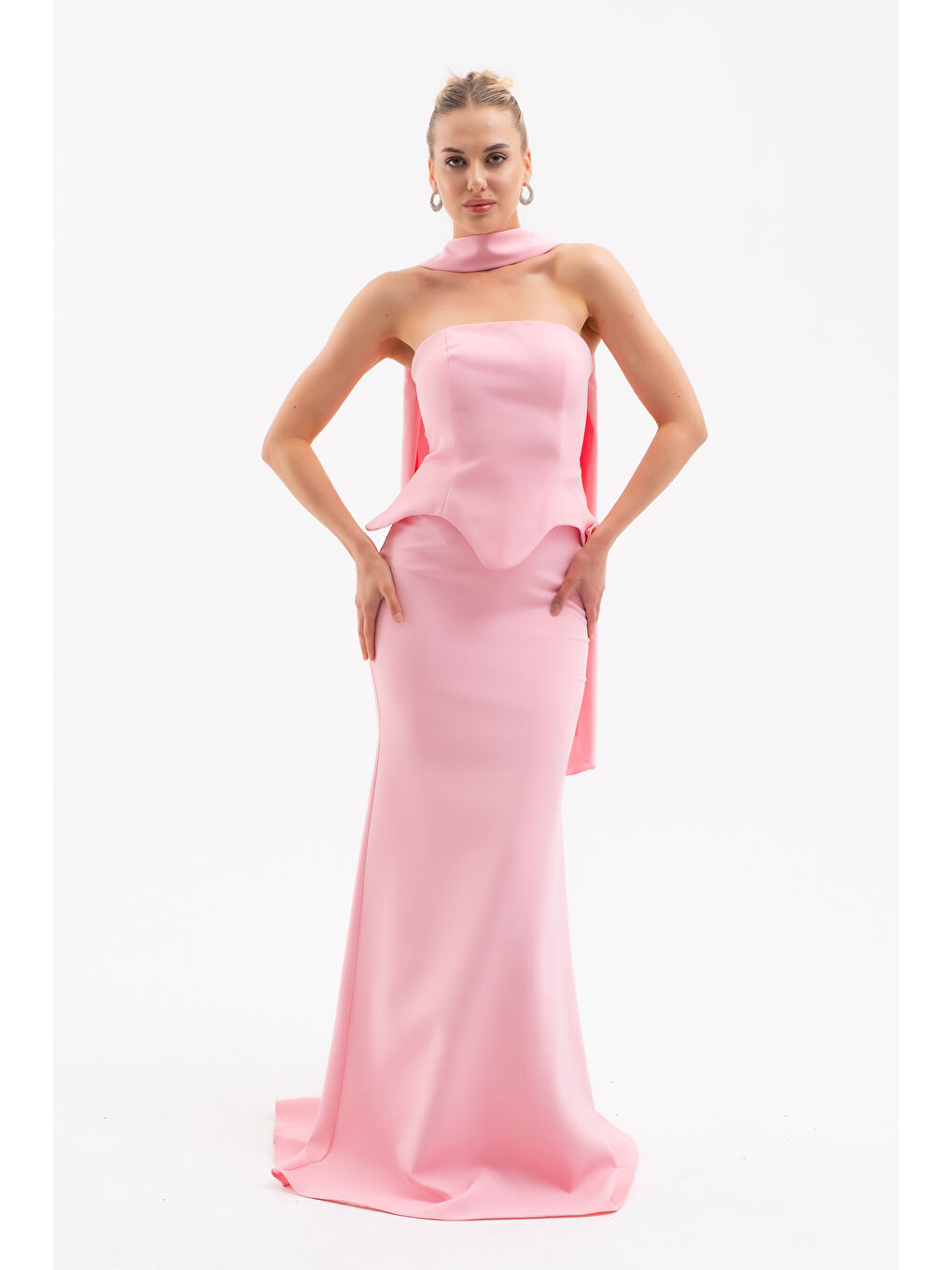 Kadın Pembe Şal Yaka Straplez Söz Nişan Balık Abiye Elbise-2