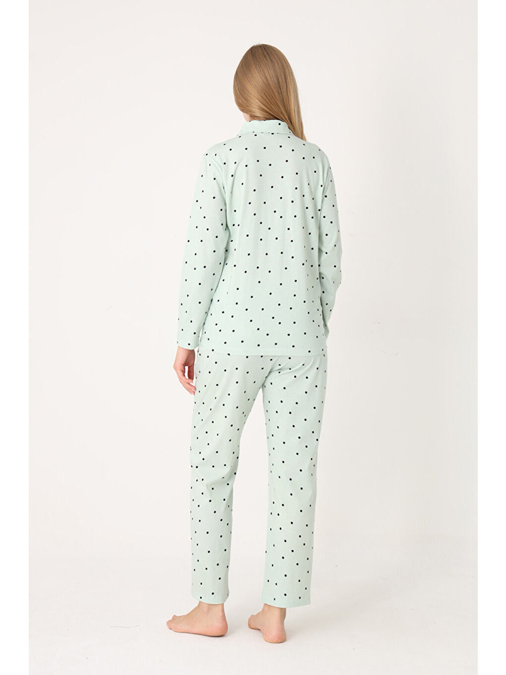 Yeşil Polka Dot Önden Düğmeli Pijama Takım-2
