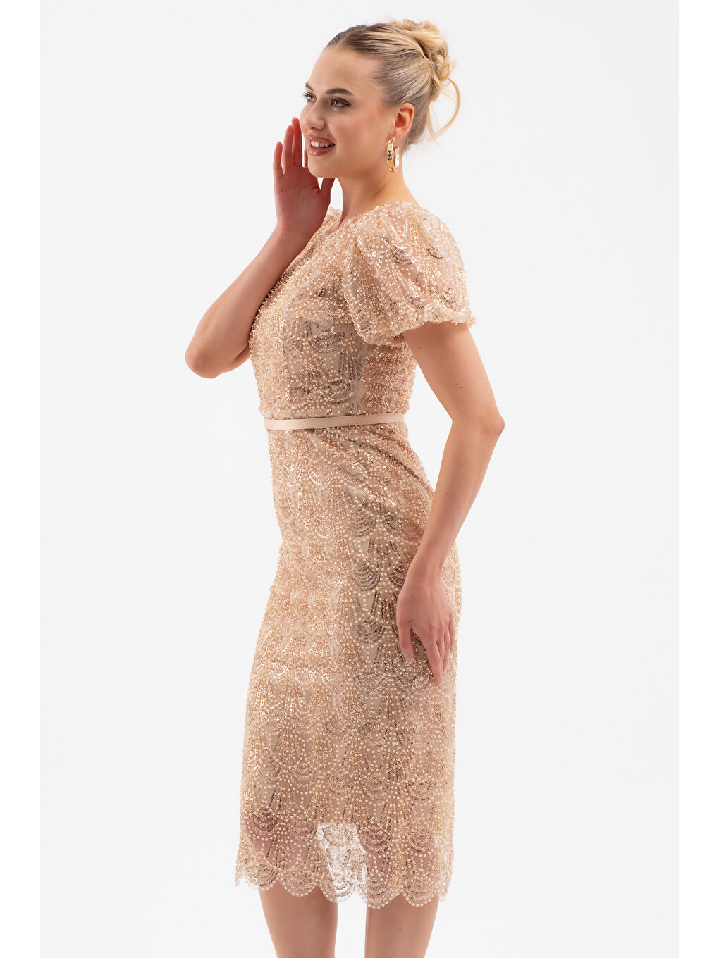 Kadın Bej Boncuklu Midi Abiye Elbise-2