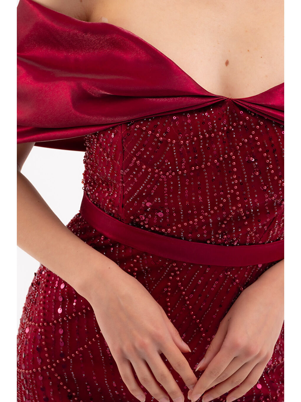 Kadın Bordo Kayık Yaka Midi Boncuklu Abiye Elbise-4