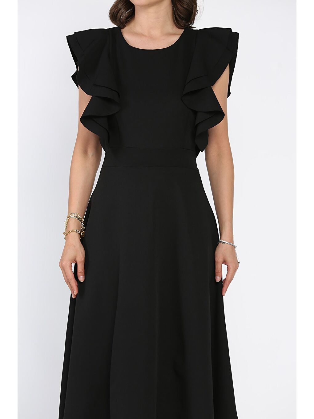 Siyah Fırfırlı Sıfır Kol Kiloş Elbise-3