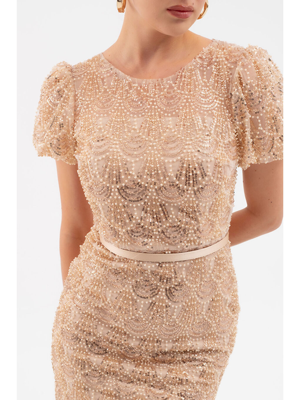 Kadın Bej Boncuklu Midi Abiye Elbise-4