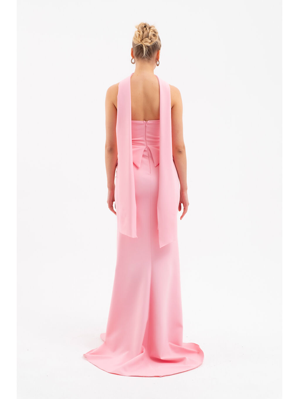 Kadın Pembe Şal Yaka Straplez Söz Nişan Balık Abiye Elbise-5