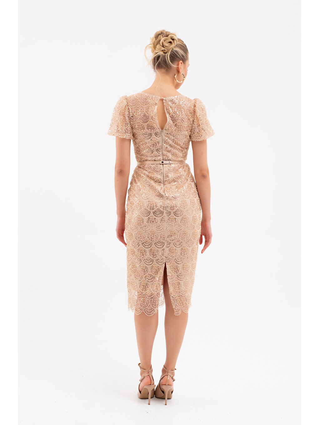 Kadın Bej Boncuklu Midi Abiye Elbise-5