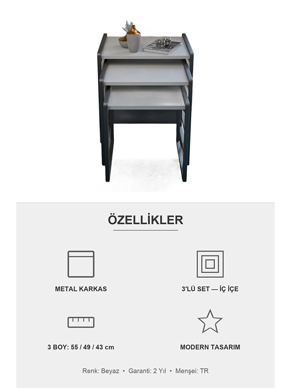 Vela 3'lü Zigon Sehpa | Metal Karkas, İç İçe Geçen Sehpa Seti | Beyaz-7