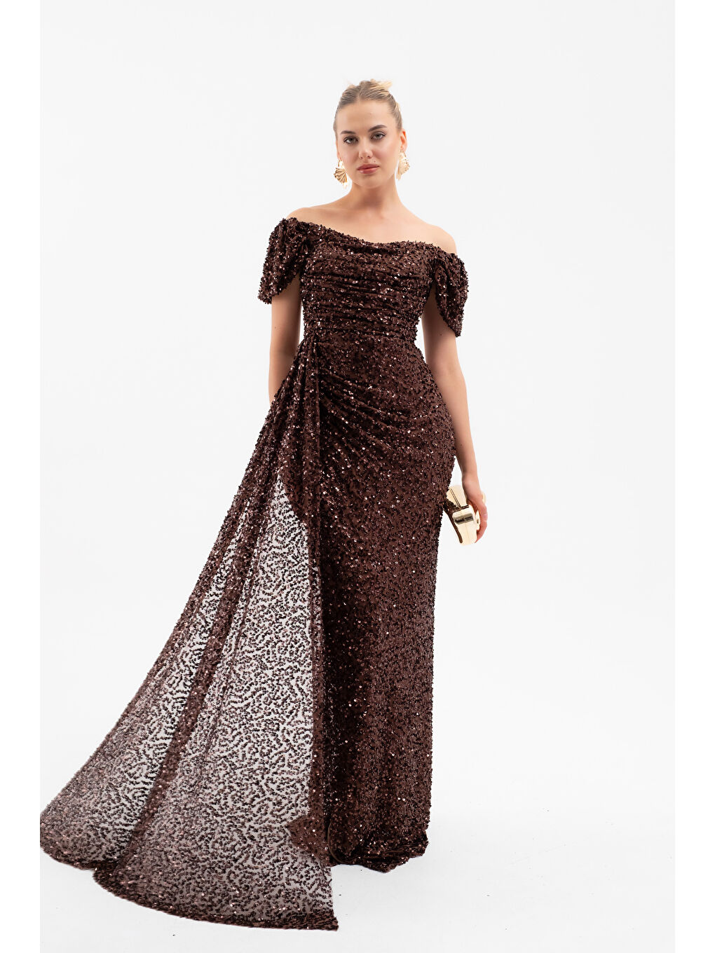 Kadın Kahverengi Pul Payet İşlemeli Uzun Abiye Elbise
