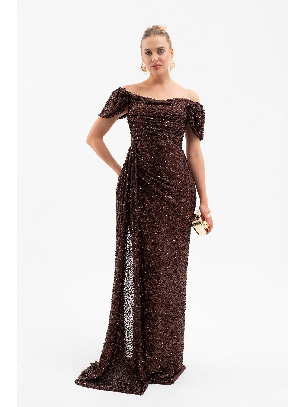 Kadın Kahverengi Pul Payet İşlemeli Uzun Abiye Elbise-1