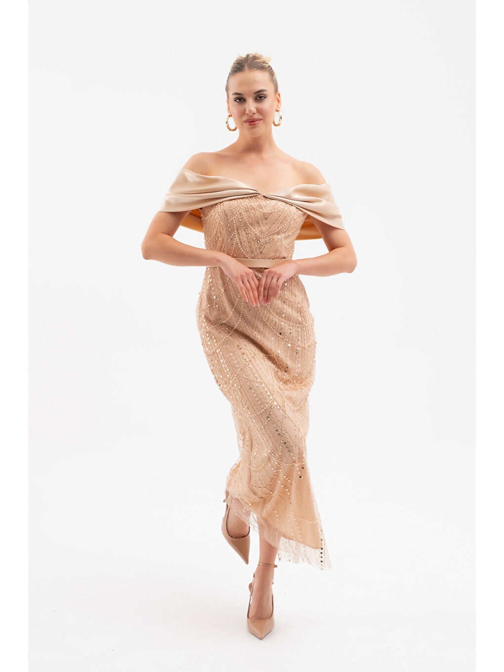 Kadın Bej Kayık Yaka Midi Boncuklu Abiye Elbise-2