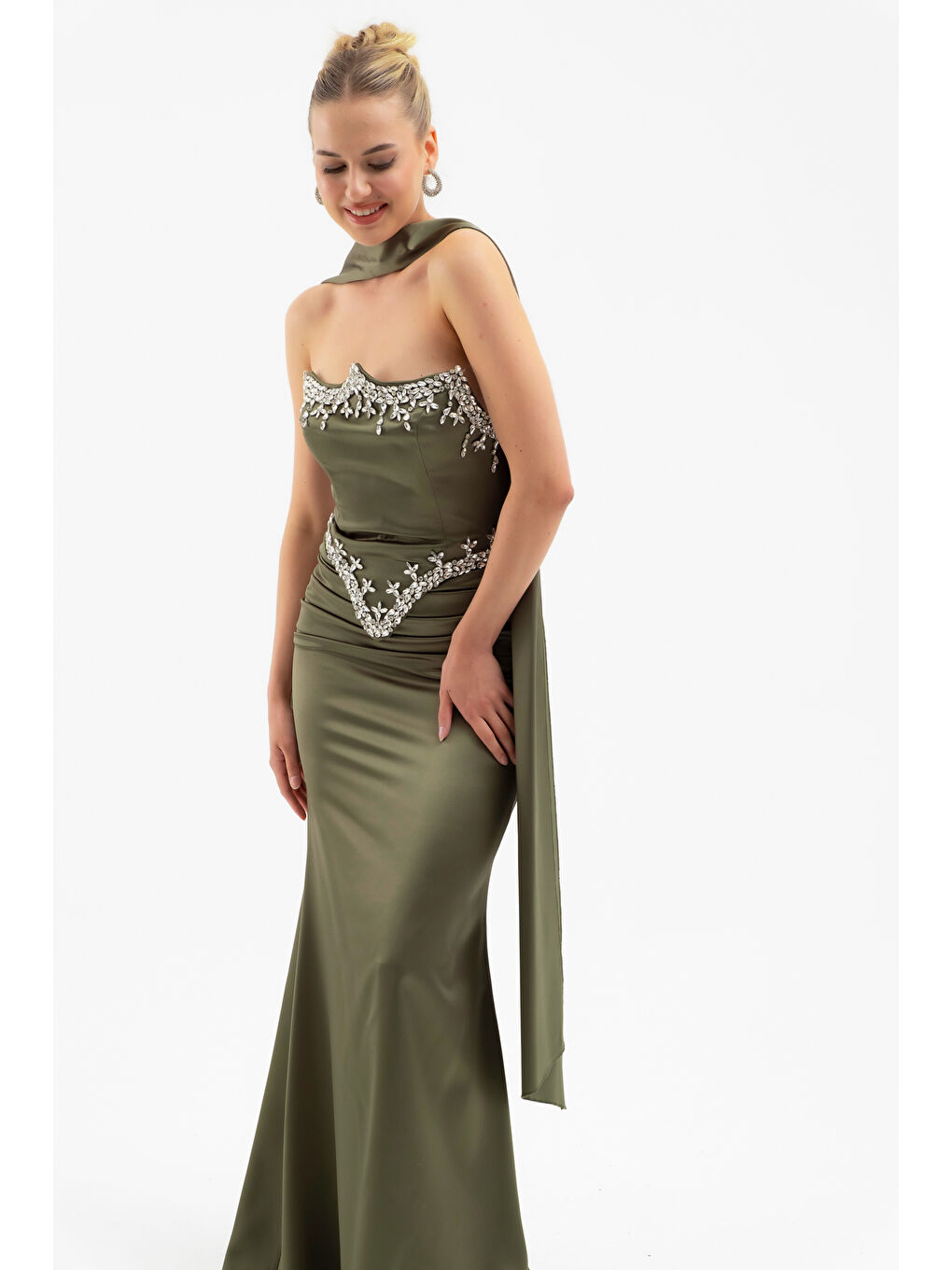 Kadın Haki Straplez Taşlı Uzun Saten Abiye Elbise-2