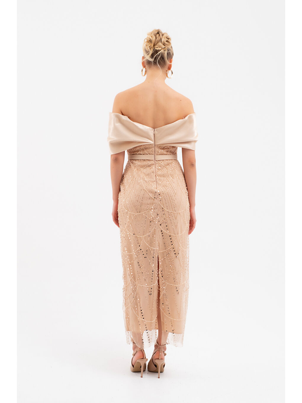 Kadın Bej Kayık Yaka Midi Boncuklu Abiye Elbise-5