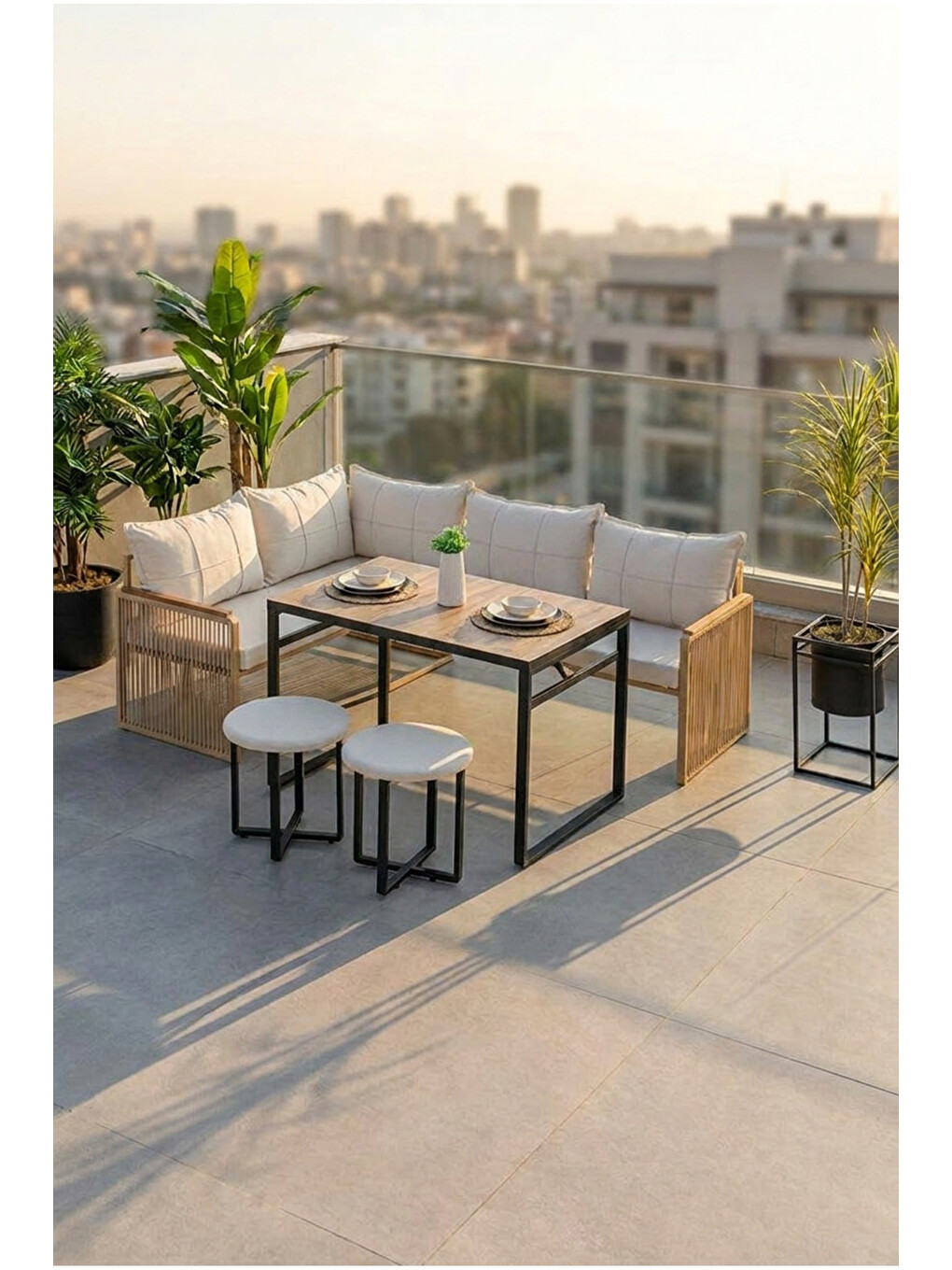 Ekru Laguna Köşe Takımı | Masa Ve Puflu Bahçe Balkon Köşe Koltuk, Keten, Krem-5