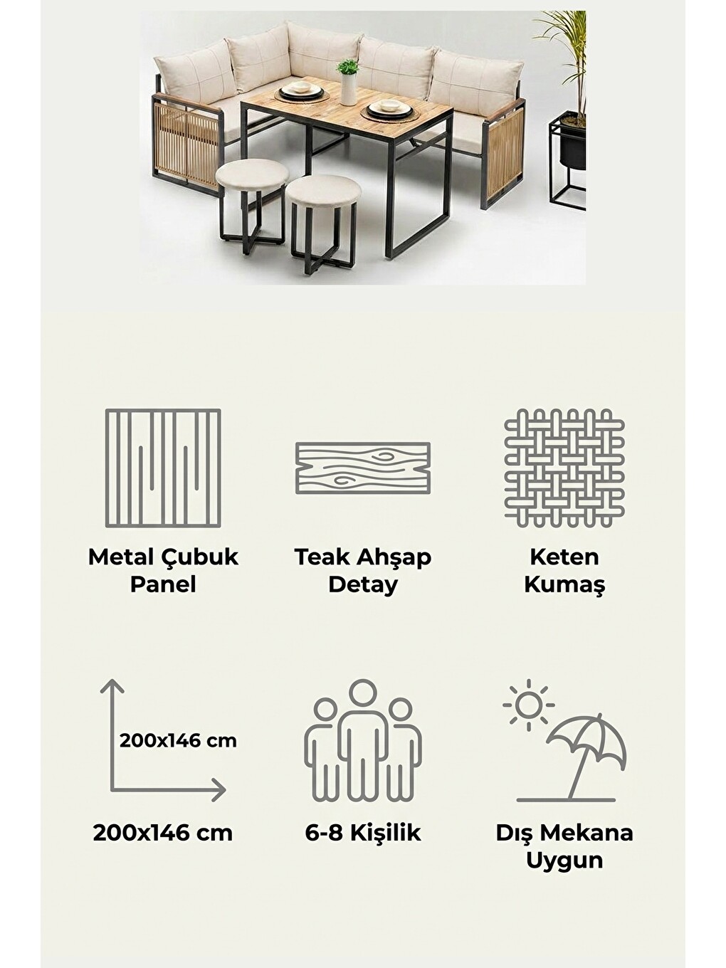 Ekru Laguna Köşe Takımı | Masa Ve Puflu Bahçe Balkon Köşe Koltuk, Keten, Krem-7