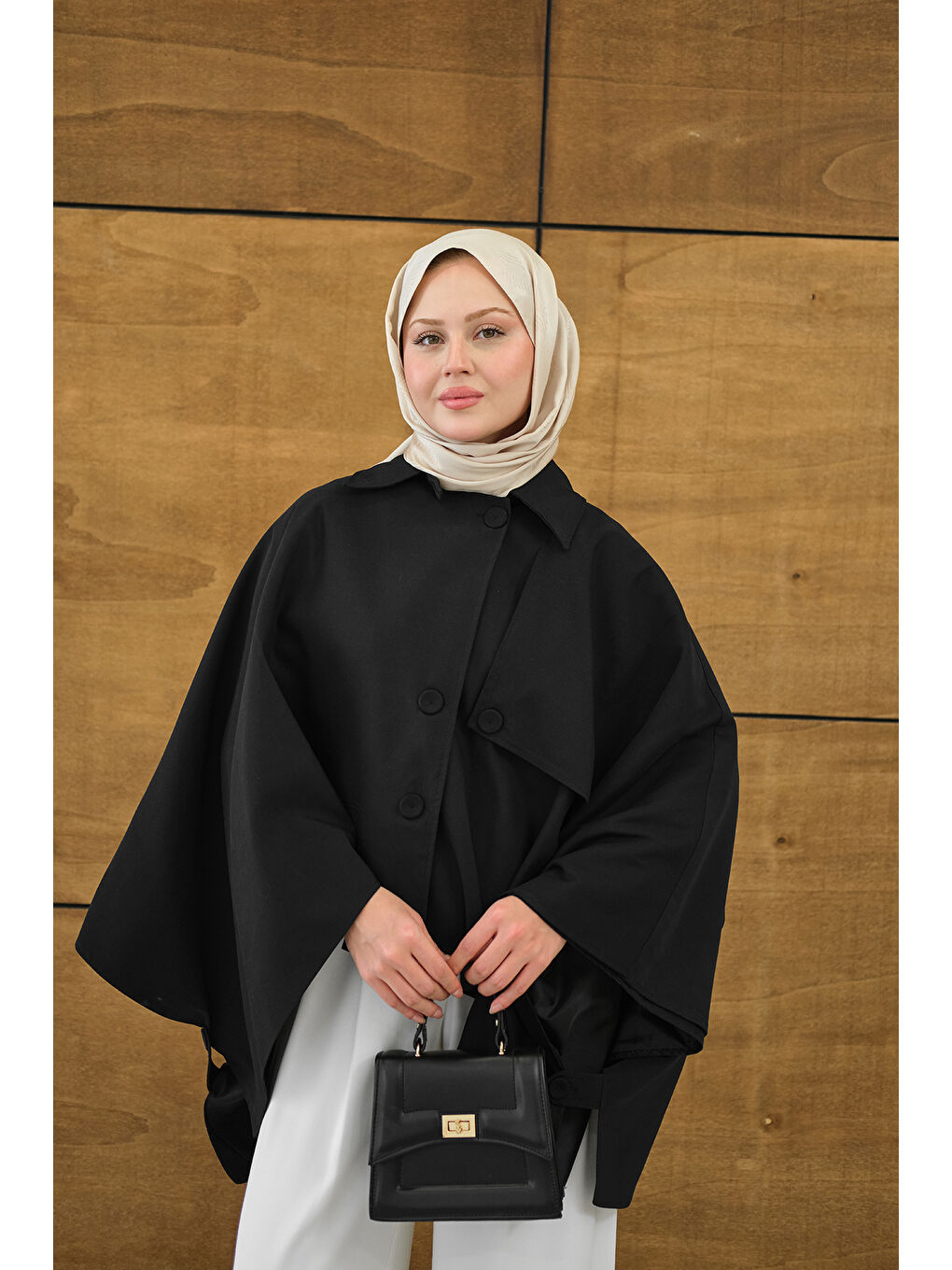 Kadın Gömlek Yaka Düğmeli Astarlı Oversize Gabardin Panço Trenç Siyah-1