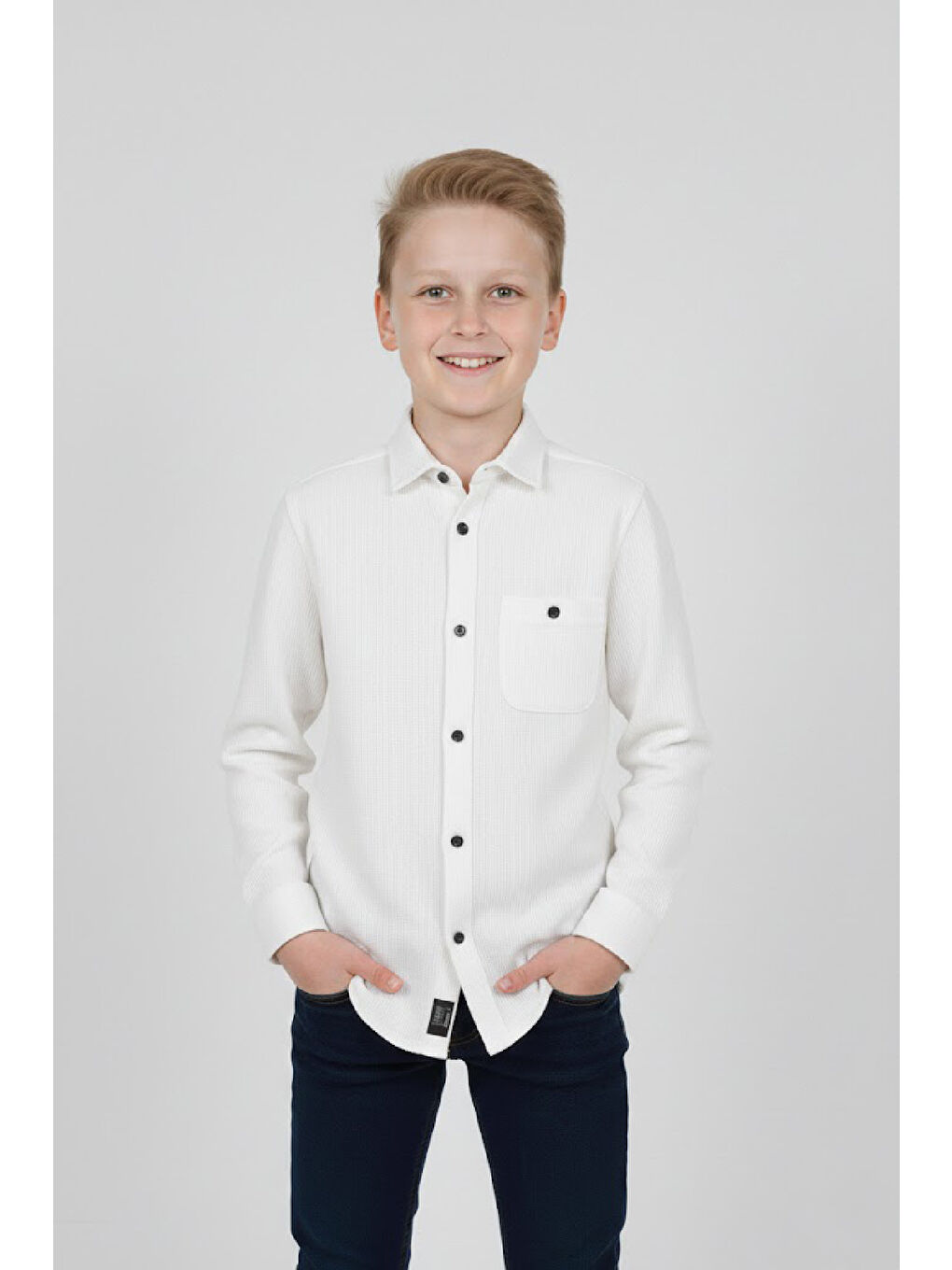 Beyaz Erkek Çocuk %100 Waffle Pamuk Gömlek 3-12 Yaş 12521HC-1