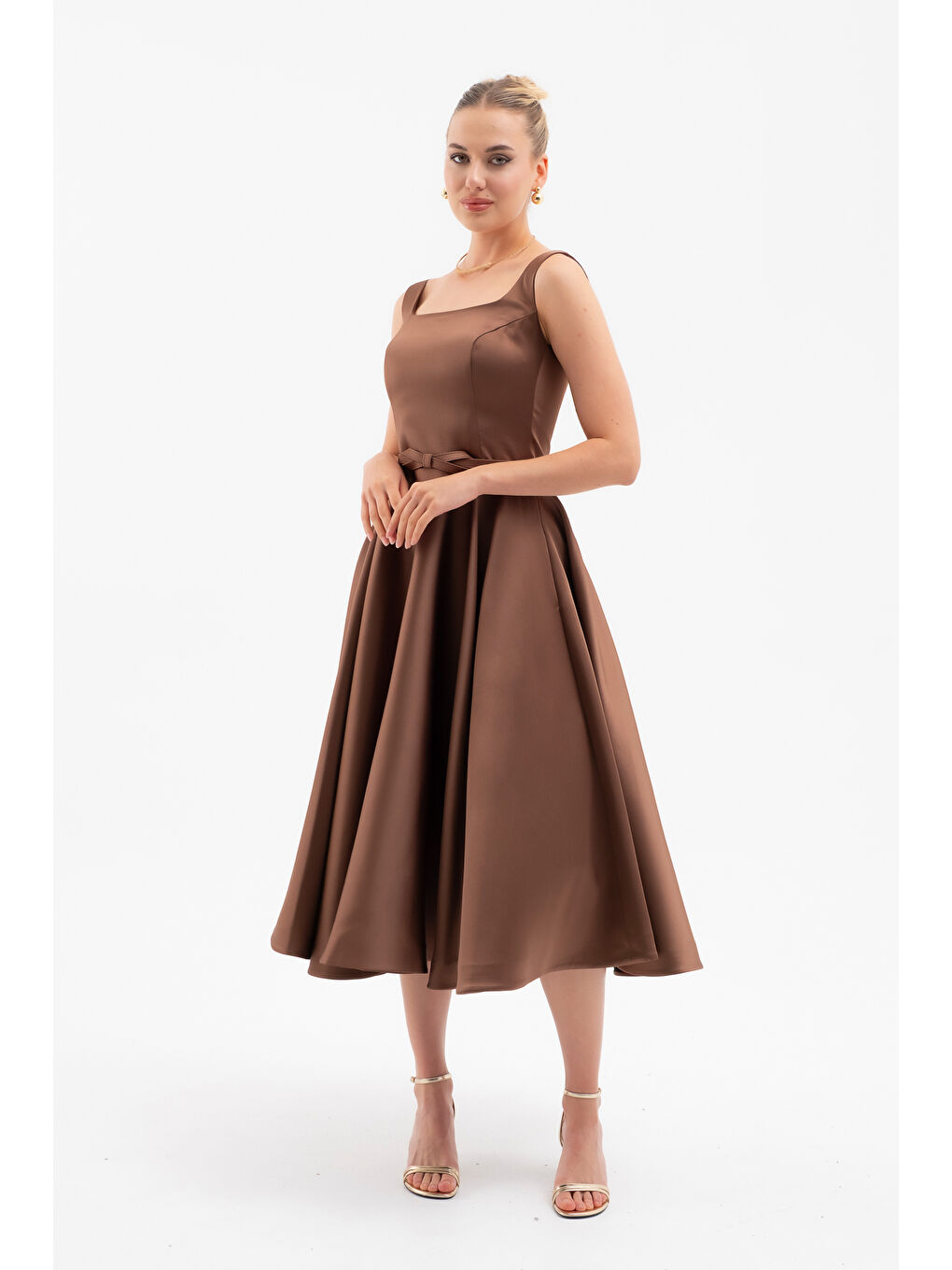 Kadın Kahverengi Kare Yaka Kemerli Midi Söz Nişan Elbisesi-1