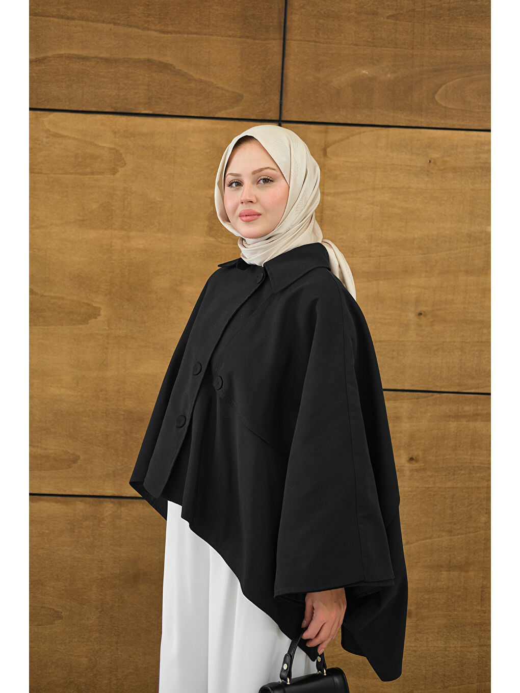 Kadın Gömlek Yaka Düğmeli Astarlı Oversize Gabardin Panço Trenç Siyah-3