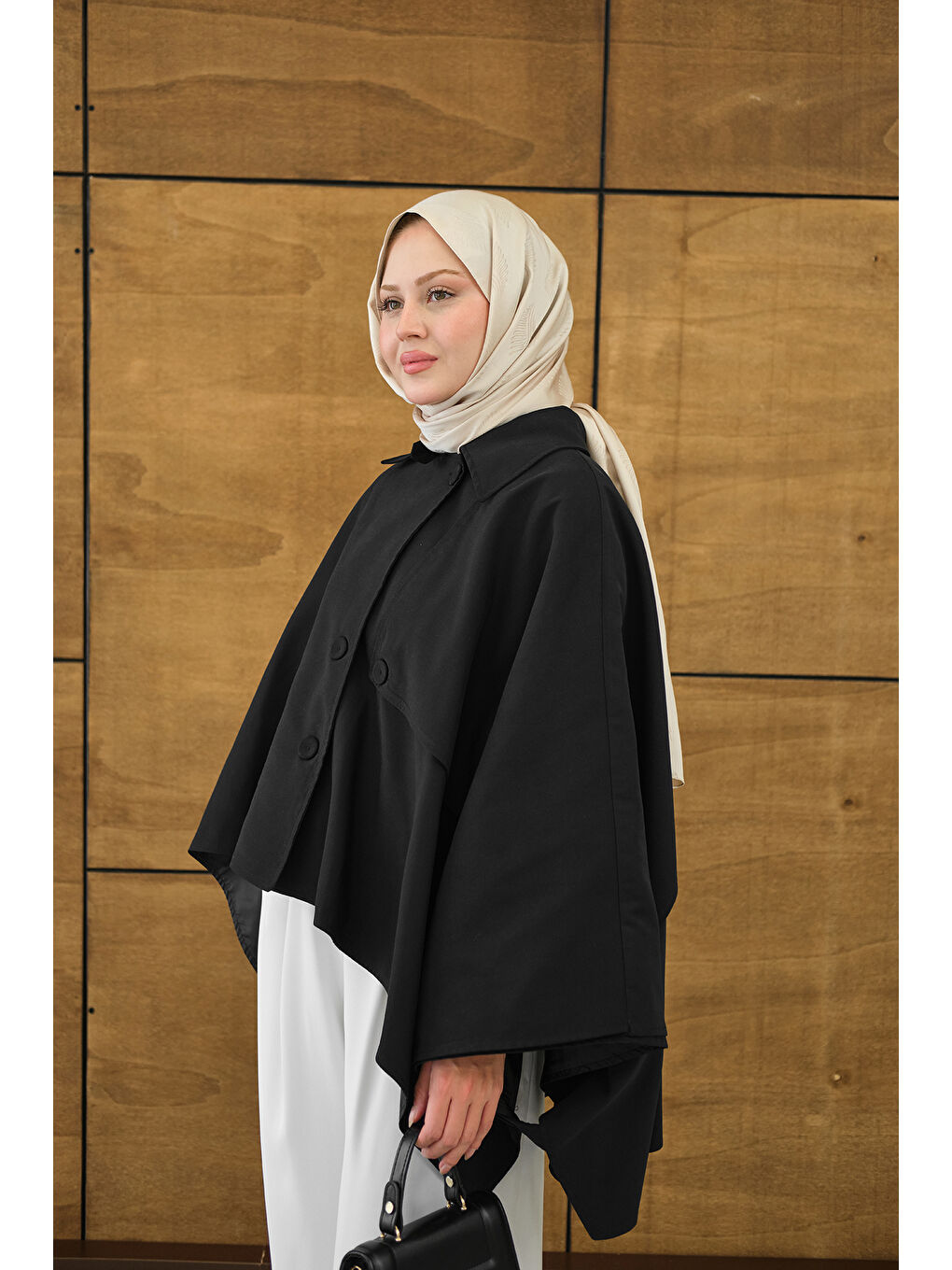 Kadın Gömlek Yaka Düğmeli Astarlı Oversize Gabardin Panço Trenç Siyah-4