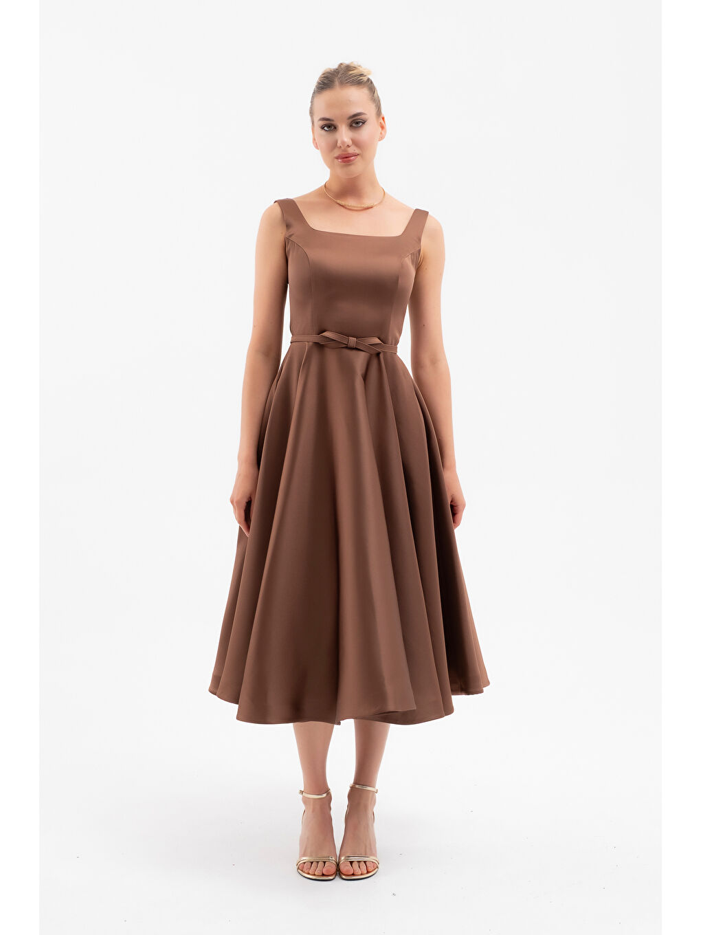Kadın Kahverengi Kare Yaka Kemerli Midi Söz Nişan Elbisesi-2