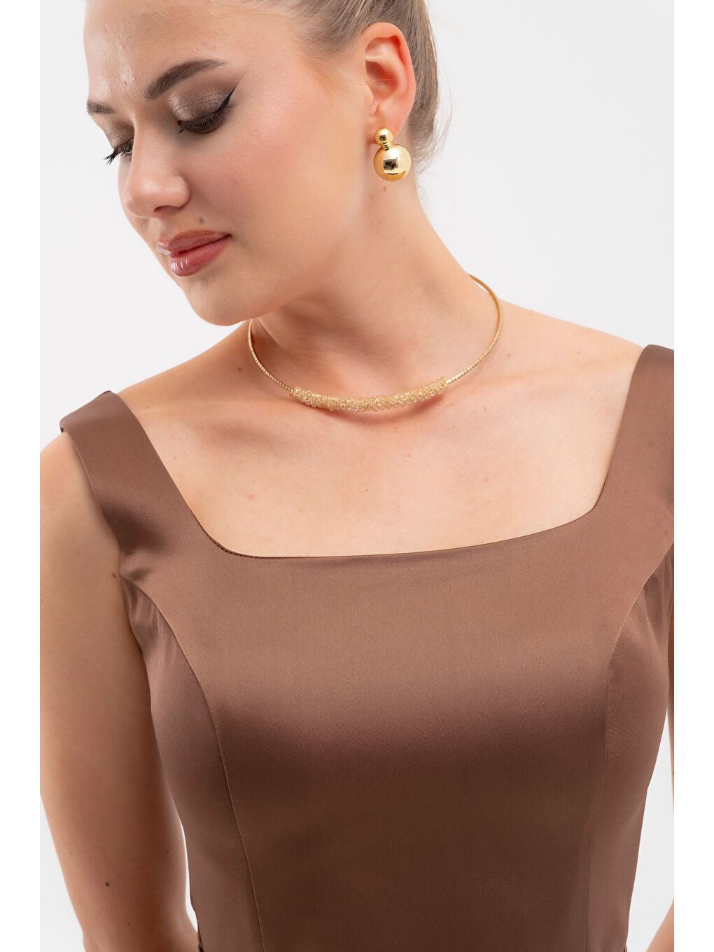 Kadın Kahverengi Kare Yaka Kemerli Midi Söz Nişan Elbisesi-3