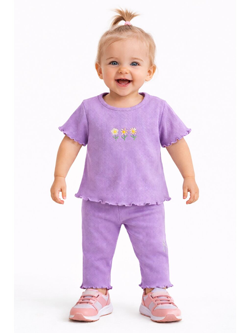 Lila Çiçek Nakışlı Fırfır Detaylı Kız Bebek 2’li Takım