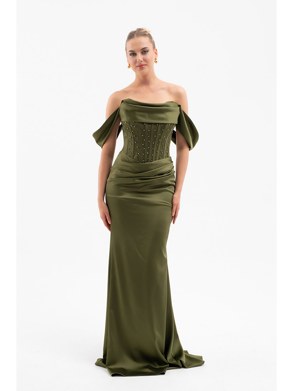 Kadın Haki Kayık Yaka Boncuklu Uzun Saten Abiye Elbise-1