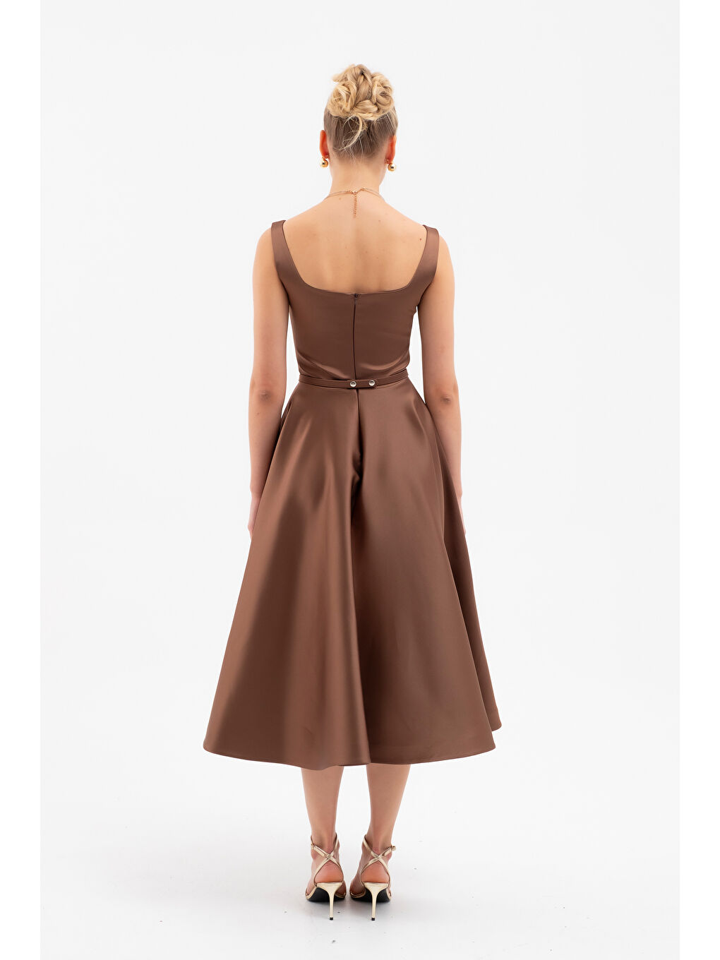 Kadın Kahverengi Kare Yaka Kemerli Midi Söz Nişan Elbisesi-5