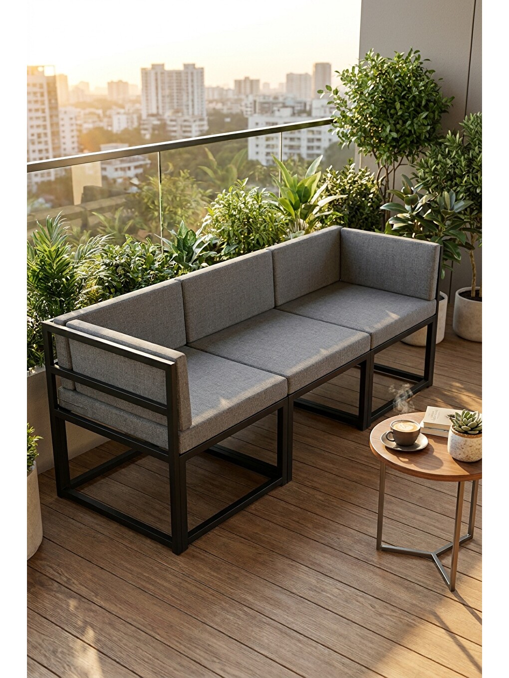 Brio 3'lü Bahçe Balkon Koltuk Takımı | Keten Dokuma, Metal Karkas | Gri-5